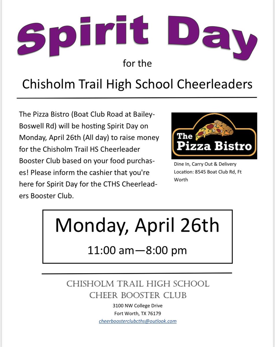 CTHSRangerCheer's tweet image. Mark your calendars! THIS Monday, April 26th help support CTHS Cheer by eating at Pizza Bistro! #SpiritDay #pizzabistro #supportcheer @PizzaTx @ChisholmTrailHS