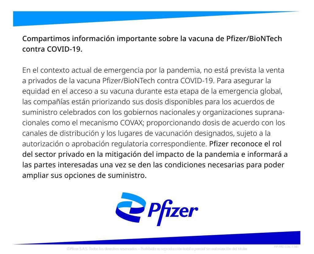 Hcoya's tweet photo. 🔴#Pfizer reitera que no venderá vacunas contra #COVID19 a privados durante la emergencia global. Sólo lo hará con gobiernos para “asegurar la equidad en el acceso a su vacuna” https://t.co/fgyBLJAzH6