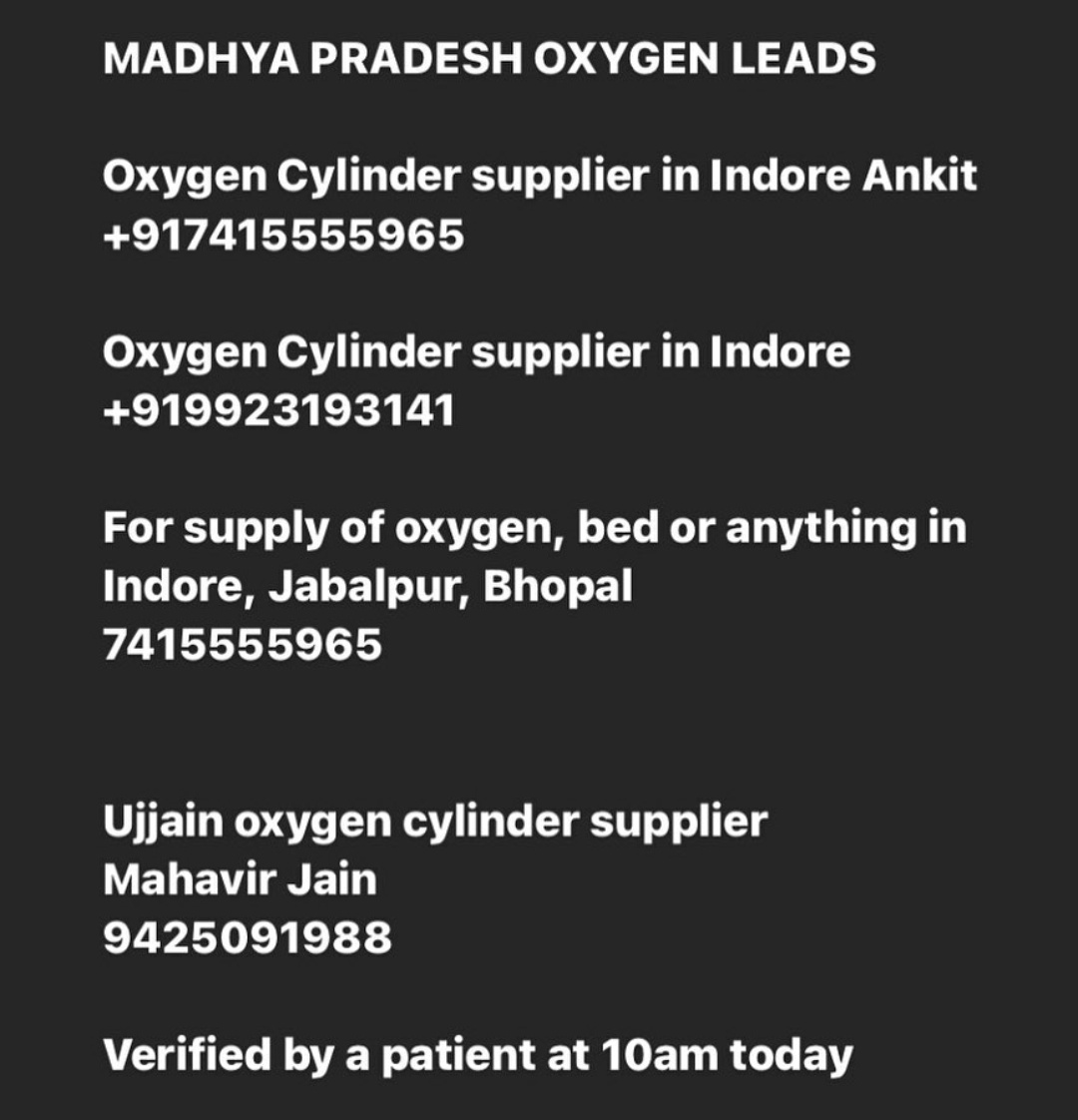 Helpline for Noida as well as Oxygen leads for Madhya pradesh.