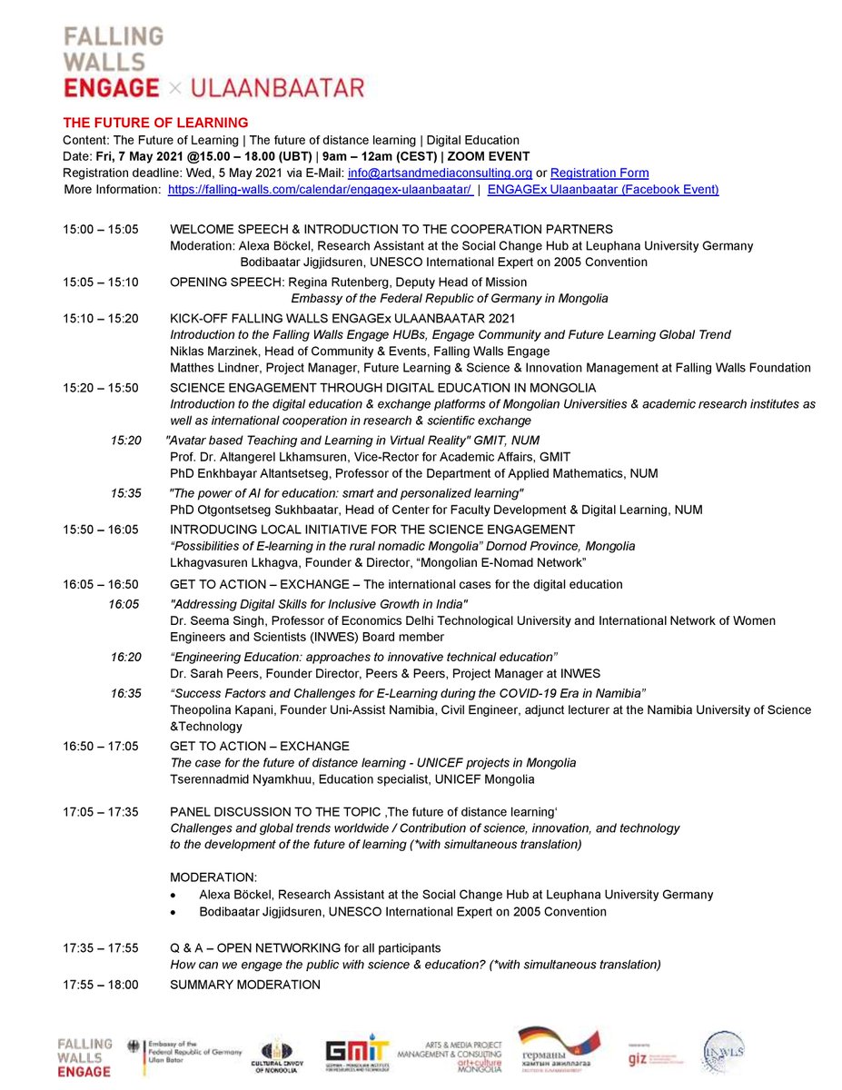 walls_lab's tweet photo. Falling Walls Engagex Ulaanbaatar: international event for Science Engagers. 

TOPIC: The Future of Learning
When: on 7th of May 2021 15:00-18:00 UB time
Where: Zoom platform 
Pre-registration: until 5th of May, 2021 via https://t.co/vCOeYHPLhB

AGENDA👇 https://t.co/OUc9DgQkj6