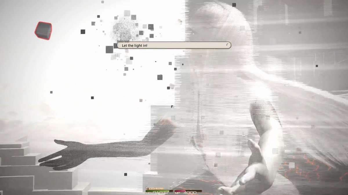 The False Idol says "Let the light in" and holds these digital looking particles in front of itself including what looks like VHS static at it& #39;s center. Much different than any other form of static/noise/or glitching we& #39;d seen at this point, the VHS static in particular.