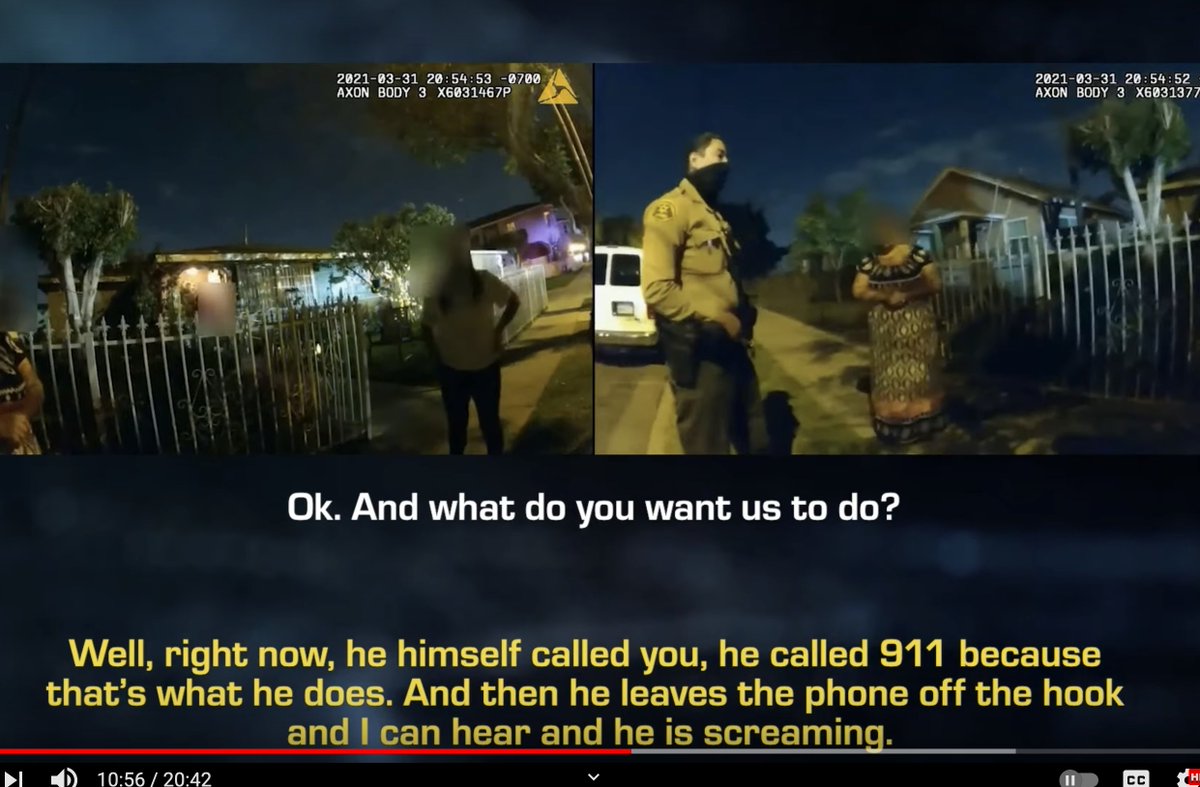 Then the deputies arrive and spend a long time outside with both his mother and his therapist, getting a sense of his mood, how violent he is/isn't, why he's upset, how he is likely to respond to police, what the mom wants to happen... again, just like you would hope.