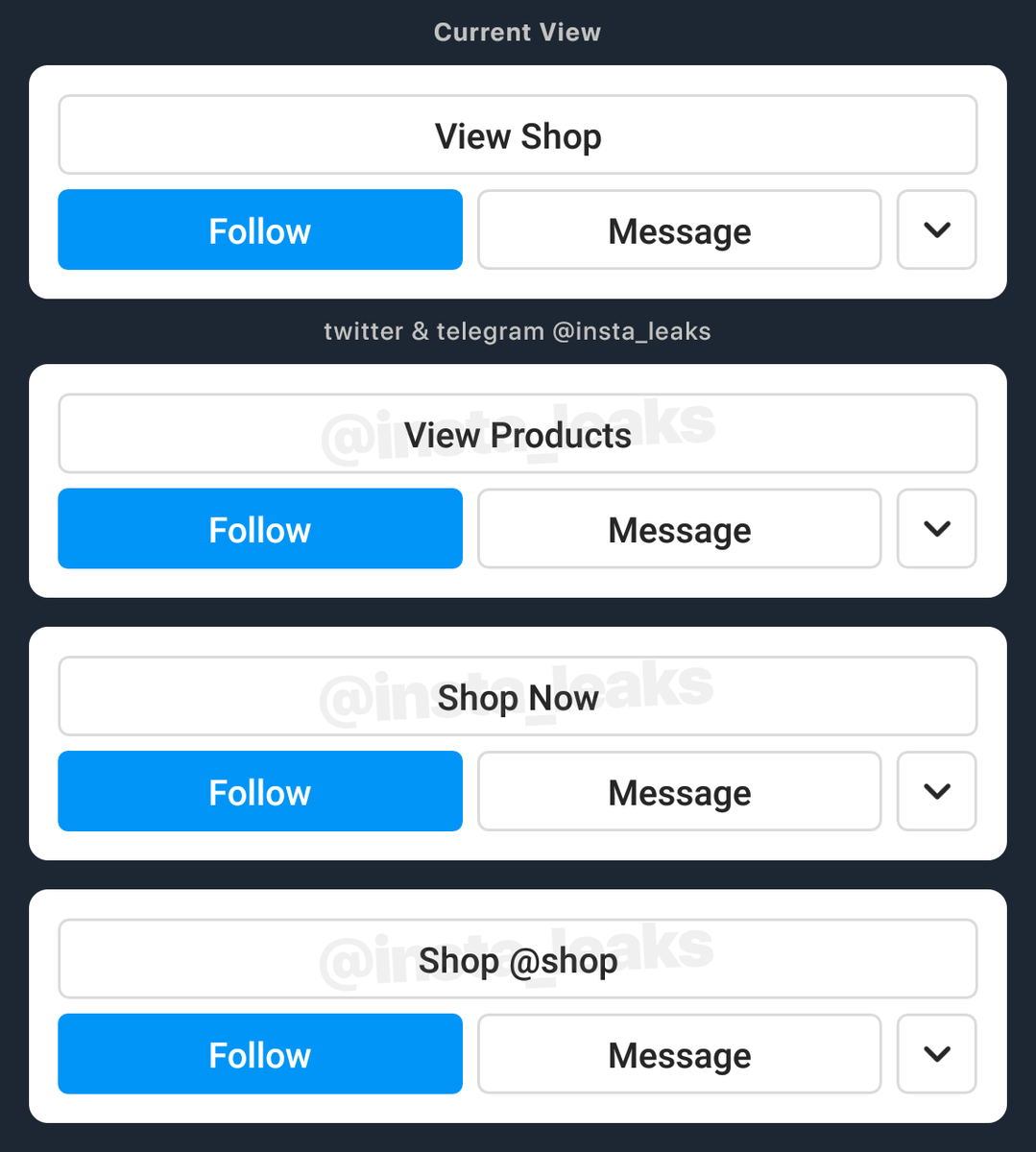 insta_leaks's tweet photo. #instagram is testing three different options of the Shop button name https://t.co/RgTFcwOAqP