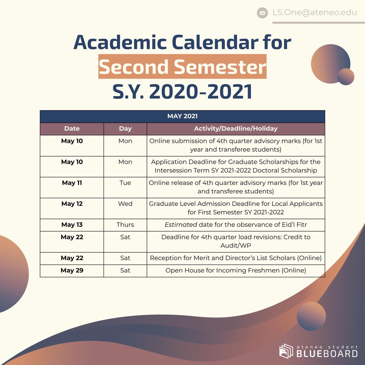 Ls One Student Blueboard On Twitter 1 2 Attention Ls Students Please Take Note Of Updates To The Sy 2020 2021 Second Semester Loyola Schools Academic Calendar Up To Intersession For Sy 2021 2022 Https T Co Gxi3zccxce