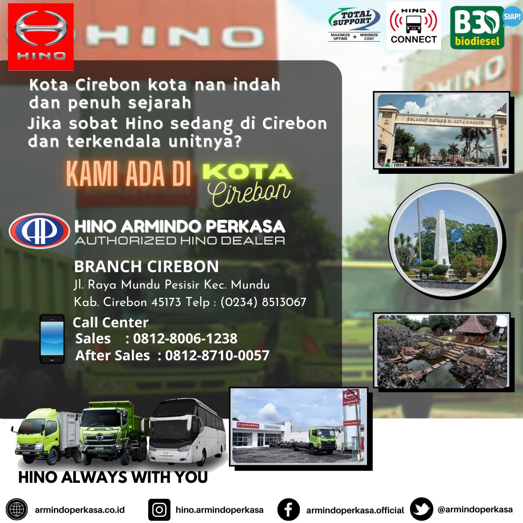 armindoperkasa's tweet photo. Hino Armindo Perkasa Cirebon
Untuk info lainya mengenai sales, service dan sparepart di cabang cirebon dapat mengubungi kami telp/WA. Sales : 0812-8006-1238
After sales : 0812-8710-0057
#hinoid
#hinoalwayswithyou
#hinoarmindoperkasa
#hinocirebon
#armindoperkasacirebon https://t.co/VKWnegwuni