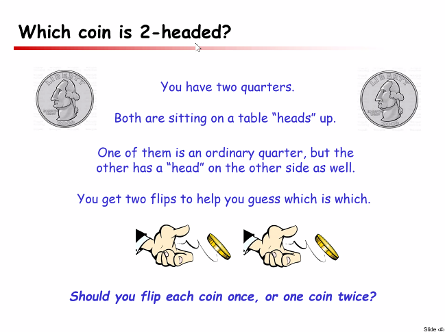 WWMGT's tweet image. A great question from Pete Winkler's CoM talk tonight.

"Flip" means toss the coin (each side lands up with equal probability)...