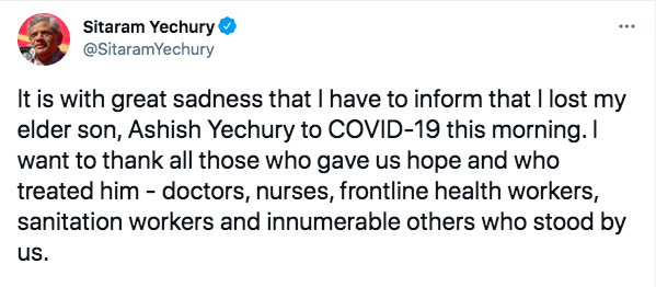 NDTV on Twitter: "CPI(M) leader Sitaram Yechury's son, Ashish Yechury  passes away due to #COVID19."