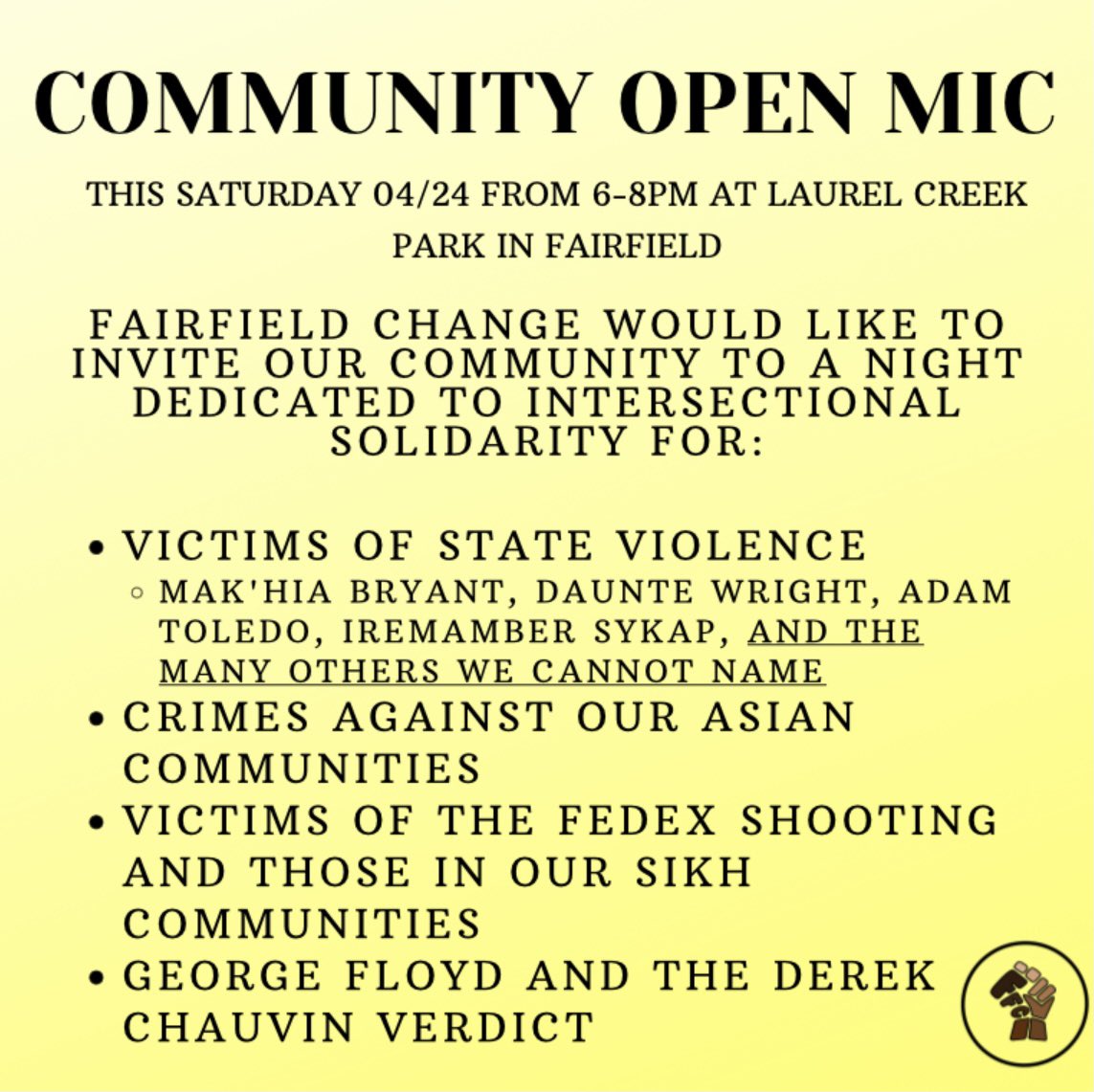 FairfieldChange's tweet photo. We are hosting an open night to allow folks in the community a chance to talk, speak, and express themselves regarding several issues regarding marginalized folks. So much has happened these past few months, without an outlet. Please join us! https://t.co/CCNMWrxh8v