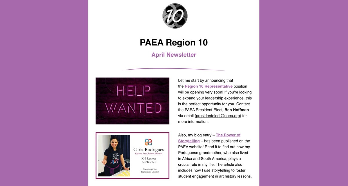 EASDRodrigues's tweet photo. The @PaArtEd April Newsletter is here for all Region 10 members. It includes announcements, reminders, resources, and amazing opportunities for professional development. Enjoy! 😊 #arteducationmatters @EASDRodrigues

CLICK HERE: https://t.co/133qjaMpWn https://t.co/y5PBeNTw7A