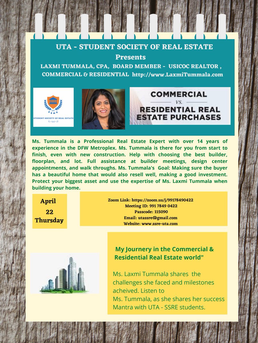 UtaReal's tweet image. Are you interested in learning about Real Estate? Join SSRE to Learn from the great Laxmi Tummala who has 14 years of experience. She will be speaking about the topic of residential real estate tomorrow 4/21 at 12pm