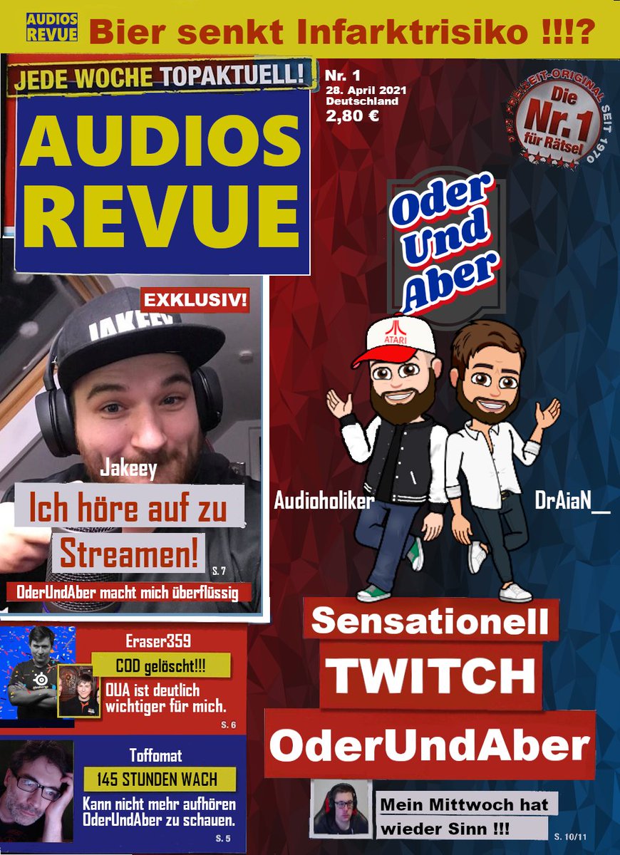 oderundaber's tweet photo. Mittwoch 19:30 Uhr startet #OderUndAber auf Twitch
"Audio Revue" hat die Jungs unter die Lupe genommen.
Cover KW17
- Exklusiv Interview mit @JakeeYeXe !!!!!!!!!!!!
@Eraser359 &amp; @Toffomat äußern sich zur neuen Show.

#Twitch #Hombre #new #Stream https://t.co/uoaknwieVv