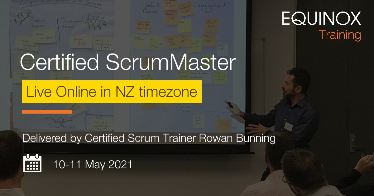 Get the full #Certified #ScrumMaster (CSM) #course and #certification '#Live #Online' in NZ time zone, with Certified Scrum Trainer <a href="/rowanb/">Rowan Bunning CST</a>. Register before close of business Friday to save AU$220 per person.
training.equinox.co.nz/w/courses/319-… 
#agile #training #coaching #scrum #teamwork
