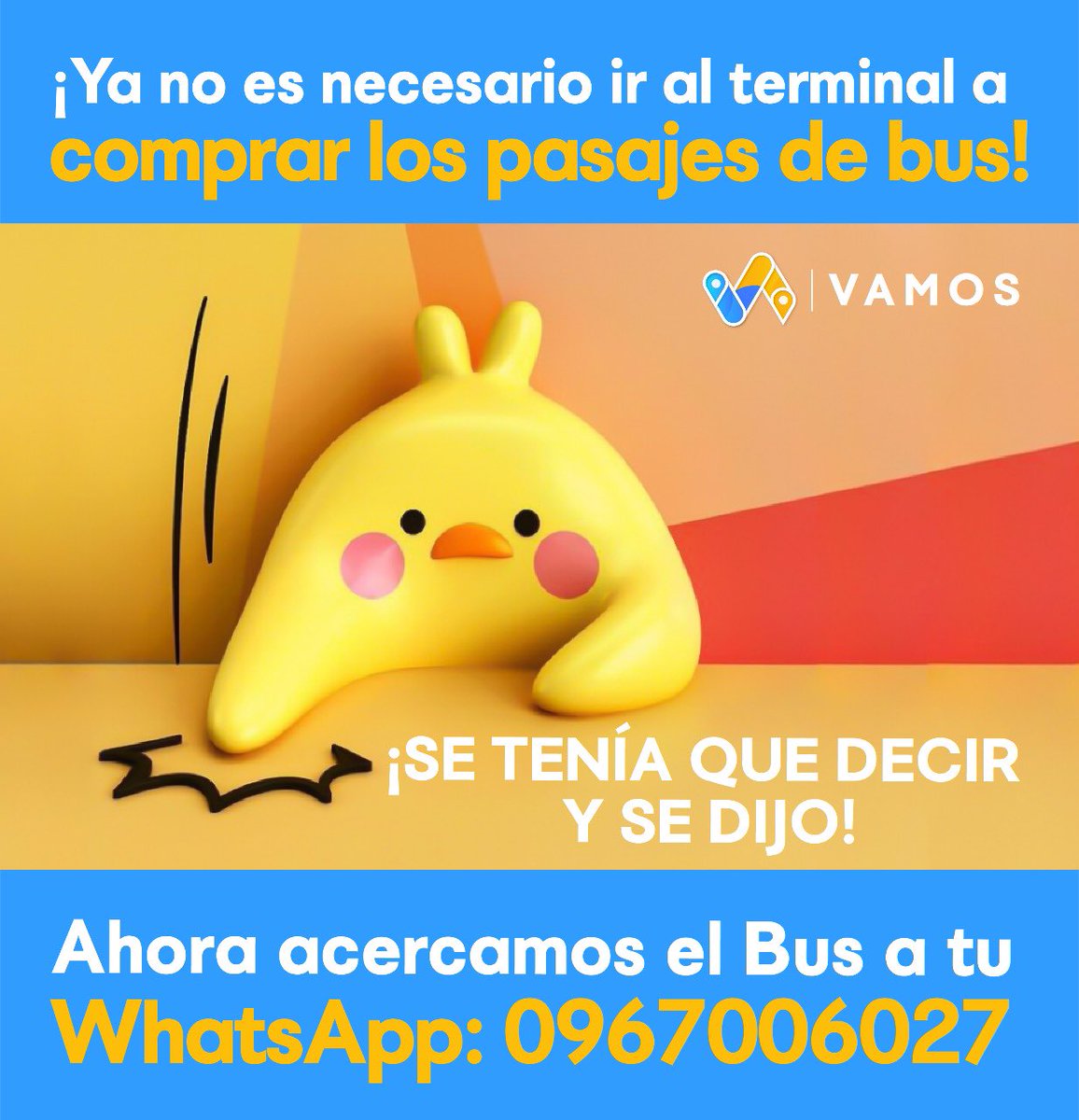 ¡Se tenía que decir! 🔊

Ya no es necesario ir al Terminal a comprar tu pasaje 🙈, ahora lo puedes hacer por WhatsApp: 096 700 6027 📲 o dale click:

1️⃣ Información de horarios y rutas: 👉bit.ly/2MPoUEX

2️⃣ Comprar tu pasaje: 👉 bit.ly/3sUyjKY

#VamosPasajes🇪🇨