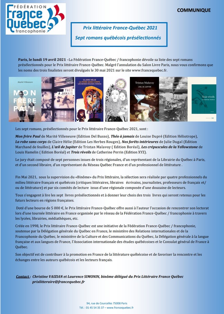 #PRIXLITTERAIRE 
La Fédération France Québec francophonie dévoile sa liste des 7 romans présélectionnés 📚📗
@editionsxyz  <a href="/delbussoediteur/">delbussoediteur</a> <a href="/LesHerbesrouges/">Les Herbes rouges</a> <a href="/marchandfeuille/">Marchand de feuilles</a> <a href="/EditionsBoreal/">Éditions du Boréal</a>