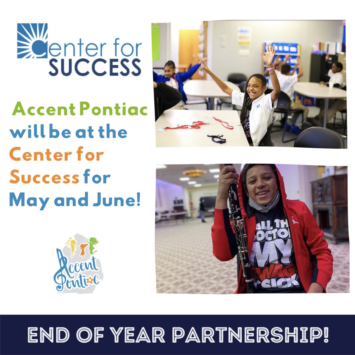 **ANNOUNCEMENT**We will be at the Center for Success for May &amp; June! We’re bringing back porch lessons &amp; moving music classes outside on the grounds at the CFS in Pontiac. We’re fortunate to be a part of a vibrant community full of partners supporting our brilliant young people!