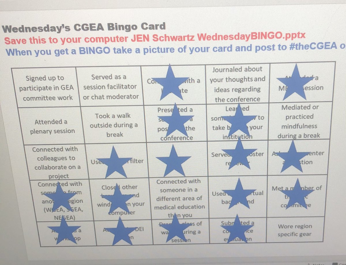Having a great day at the #aamcGEA! And now I have BINGO! #theCGEA with @bheather95 @colleenhayden84 @erhall1 @GeraudP @hyhan @BethBakerRMC @DougDanforth @ElizabethRyanIU
