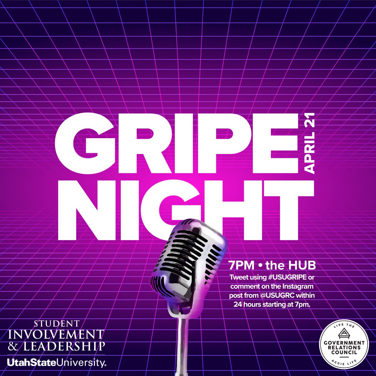 UtahStateSA's tweet photo. It’s #USUGripeNight 😎😈 Join us tonight at 7 p.m. in the Hub for a night of griping, or you can share your gripes on Twitter or on the @USUGRC Instagram post using #USUGripe for 24 hours beginning tonight at 7. Happy griping! https://t.co/GZajIcPSFi