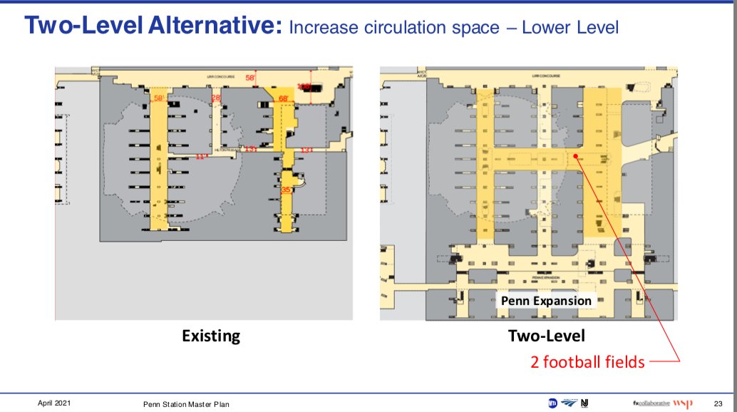 The 1-level plan seems like a no brainer as it increases capacity more, allows for improved entrances at 7th Ave, and raised ceilings. Doing the 1-level option would allow back of house space and mechanical rooms to be consolidated on the upper level, out of passengers' way. /7