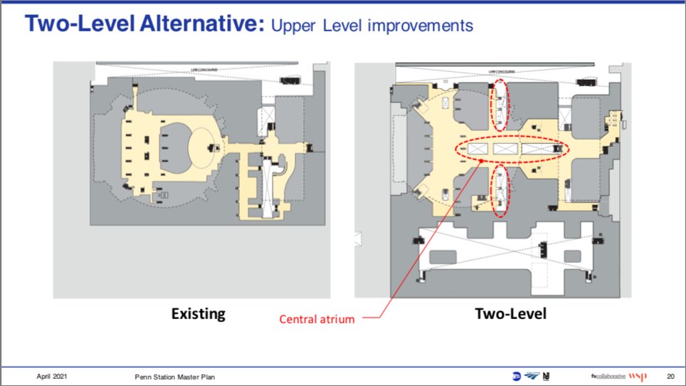 2 options were presented. The 2-level plan would keep the repurpose some Amtrak space for NJT, remove the Amtrak fishbowl seating area & construct an E-W passageway on the upper level. /5