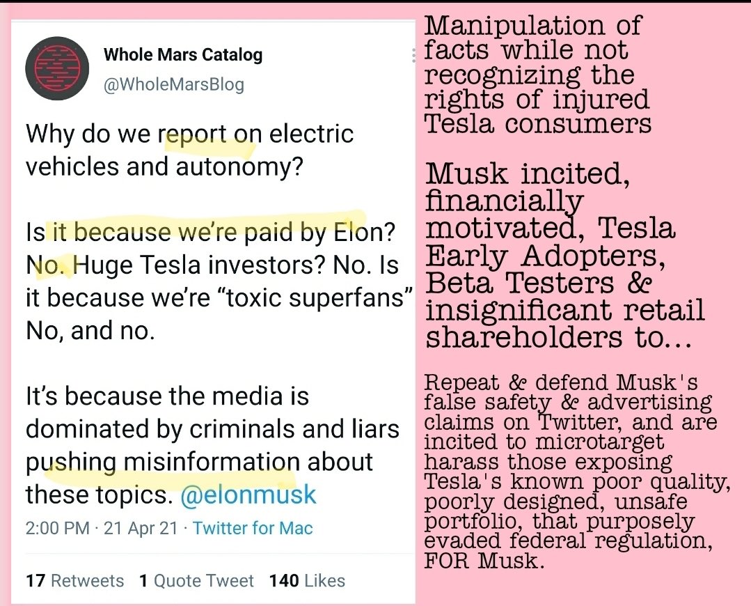 . @elonmusk’s incited, financially motivated,  @Tesla  @Twitter Branding arm,  @WholeMarsBlog, Omar Qazi, doesn't "report", he replicates Musk's false safety & advertising claims to evade federal regulators, FOR Musk.1