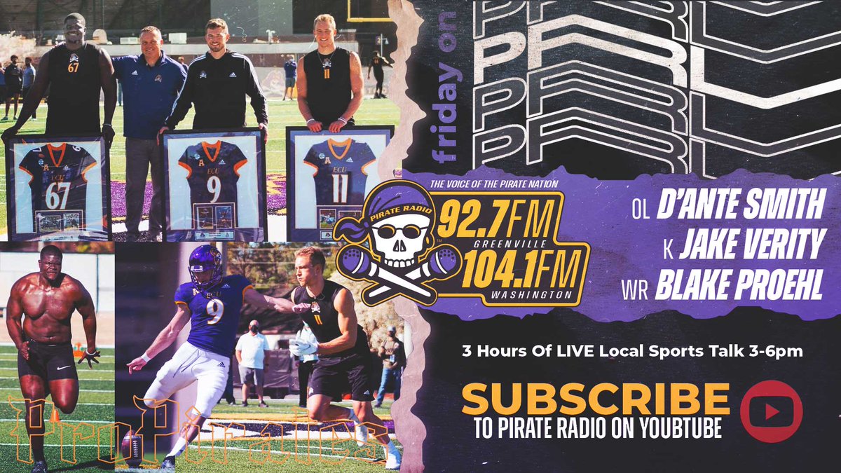 . (@freepr927fm) on Twitter photo Join us Friday on Pirate Radio LIVE for a special appearance by three #ProPirates as former #ECU Football stars <a href="/B1GSmoove/">D’Ante Smith</a> <a href="/BlakeProehl/">Blake Proehl</a> <a href="/JakeVerity/">Jake Verity</a> prepare for the #NFLDraft.
📻 92.7FM Greenville
💻 PR927FM.com
📺 youtube.com/c/pirateradiotv Join us Friday on Pirate Radio LIVE for a special appearance by three #ProPirates as former #ECU Football stars <a href="/B1GSmoove/">D’Ante Smith</a> <a href="/BlakeProehl/">Blake Proehl</a> <a href="/JakeVerity/">Jake Verity</a> prepare for the #NFLDraft.
📻 92.7FM Greenville
💻 PR927FM.com
📺 youtube.com/c/pirateradiotv