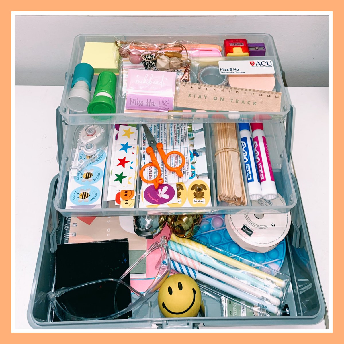 ha_teaches's tweet photo. I went to Kmart, bought this storage box for $8 and began organising useful tools🤩 to prep for placement!

- Stamps, stick notes 
- sensory items (stress ball &amp; pop it) 
- stickers
- stationary 
- Colourful paper 
- ribbon 
 
✨And much more ✨ Feeling very organised #acuedu_p https://t.co/YtlyVSvbUY