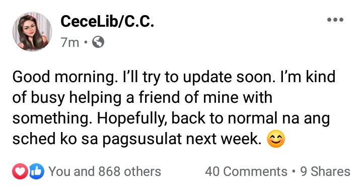 teamcecelib's tweet photo. #CeCeUpdate
"Good morning. I'll try to update soon. I'm kind of busy helping a friend of mine with something. Hopefully, back to normal na ang sched ko sa pagsusulat next week. 😊" -CeceLib/C.C.
#CeCeLib #CeCeLibStories #Inoxentes #CCBells @CeCeLib_CC https://t.co/Mbe9u1IM9A