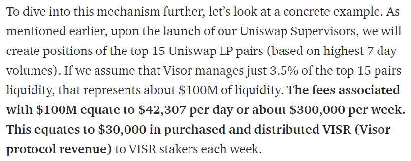 𝗧𝗼𝗸𝗲𝗻𝗼𝗺𝗶𝗰𝘀Visor introduces protocol revenue distribution to  $VISR stakers, a great upgrade from the governance token model. They believe that appropriate rewards for the stakeholder’s participation is of the utmost importance. They provide the following example. 14/17