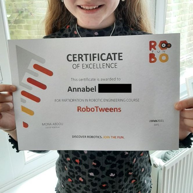 Testimonial from one of our students 'I tried Robofun because I have always had an interest in robotic engineering. I completed 6 lessons, and each one was more challenging than the last.' Annabel, 11 years old.