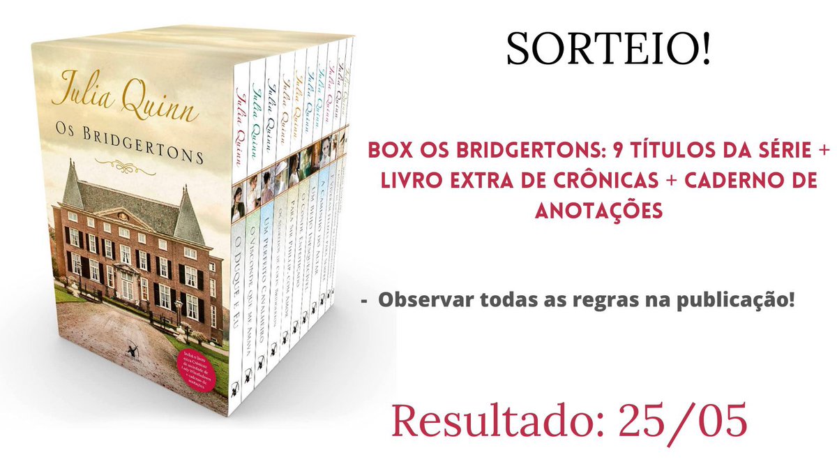 🐝 SORTEIO 🐝

🎁 Valendo: Um box Os Bridgertons + Livro extra de crônicas + Caderno de anotações! 🎁

🐝 Regras:

- Seguir <a href="/BridgertonBR/">Bridgerton Brasil</a>, <a href="/booksofertas/">BOOKS OFERTAS</a> e <a href="/aeIinglthyns/">Aelin</a>!
- Dar RT nesse Tweet! (sem citar!)

O sorteio será realizado no dia 25/05

 ❤️ Boa sorte! ❤️