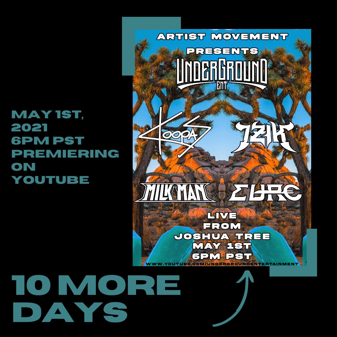 10 DAYS AWAY from our premier of Artist Movement Presents: Underground Entertainment LIVE from Joshua Tree featuring @koopasmusic <a href="/izikdub/">iZIK👁️‍🗨️</a> @eurodubz and @milkmandubs 🐢👁‍🗨💶🥛
•••
undergroundentertainment.org
youtube.com/undergroundent…
May 1st at 6pm PST