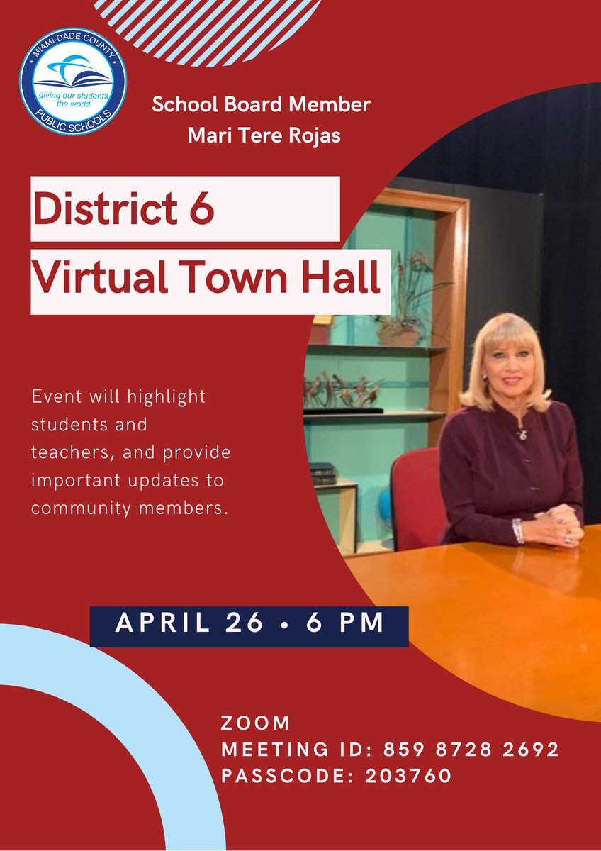 To the <a href="/CityCoralGables/">City of Coral Gables</a> community, I'll be hosting my third virtual Town Hall on Mon. 4/26 for <a href="/CoralGablesSHS/">Coral Gables SHS</a> <a href="/GablesPrep/">CGPA</a> <a href="/GroveElem/">CoconutGroveElem</a> <a href="/PonceExplorers/">Ponce de Leon Middle</a> <a href="/ispaatgables/">ISPA at Gables</a> <a href="/GWCarverElem/">G. W. Carver Elem.</a> <a href="/GWCHornets/">GW Carver Middle</a> <a href="/FrancesTuckerES/">Frances S. Tucker El</a> <a href="/Sunset_Elem/">Sunset International</a> <a href="/westlabschool/">West Lab</a> It’s open to the public, see you online!