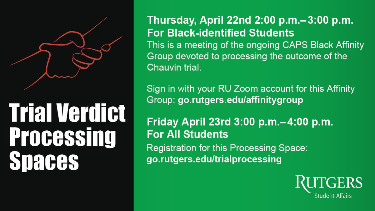 RUVPVA's tweet photo. Processing spaces are available with CAPS counselors to help students process the verdict of the Chauvin trial.

4/22 2–3pm 
Black Affinity Group for Black-identified students: https://t.co/heCgVVkNjf

4/23 3–4pm 
Processing space for all students: https://t.co/sgn3gRVFPZ https://t.co/o2WMHm5xsr