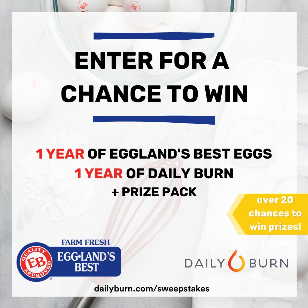 dailyburn's tweet photo. Nutrition and fitness go hand in hand, which is why we’ve teamed up with @egglandsbest! We’re giving you a chance to win some 🥚-cellent fitness-themed prizes, including a year's supply of EB Classic Eggs, a year of Daily Burn, and more. Head to https://t.co/SmDiEAaOwh to enter! https://t.co/KRVAmk3wtO