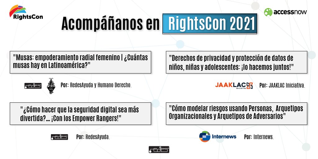 RedesAyuda's tweet photo. ¿Ya te registraste para #RightsCon 2021? 📝

Este año seremos anfitriones de 2 sesiones y participaremos como invitados en 2 más. ¿Nos acompañas? 🙌

Si tú o tu organización también participarán en alguna sesión, ¡responde este tuit para que otros también se enteren! 👇💬 https://t.co/6FhD99U32g