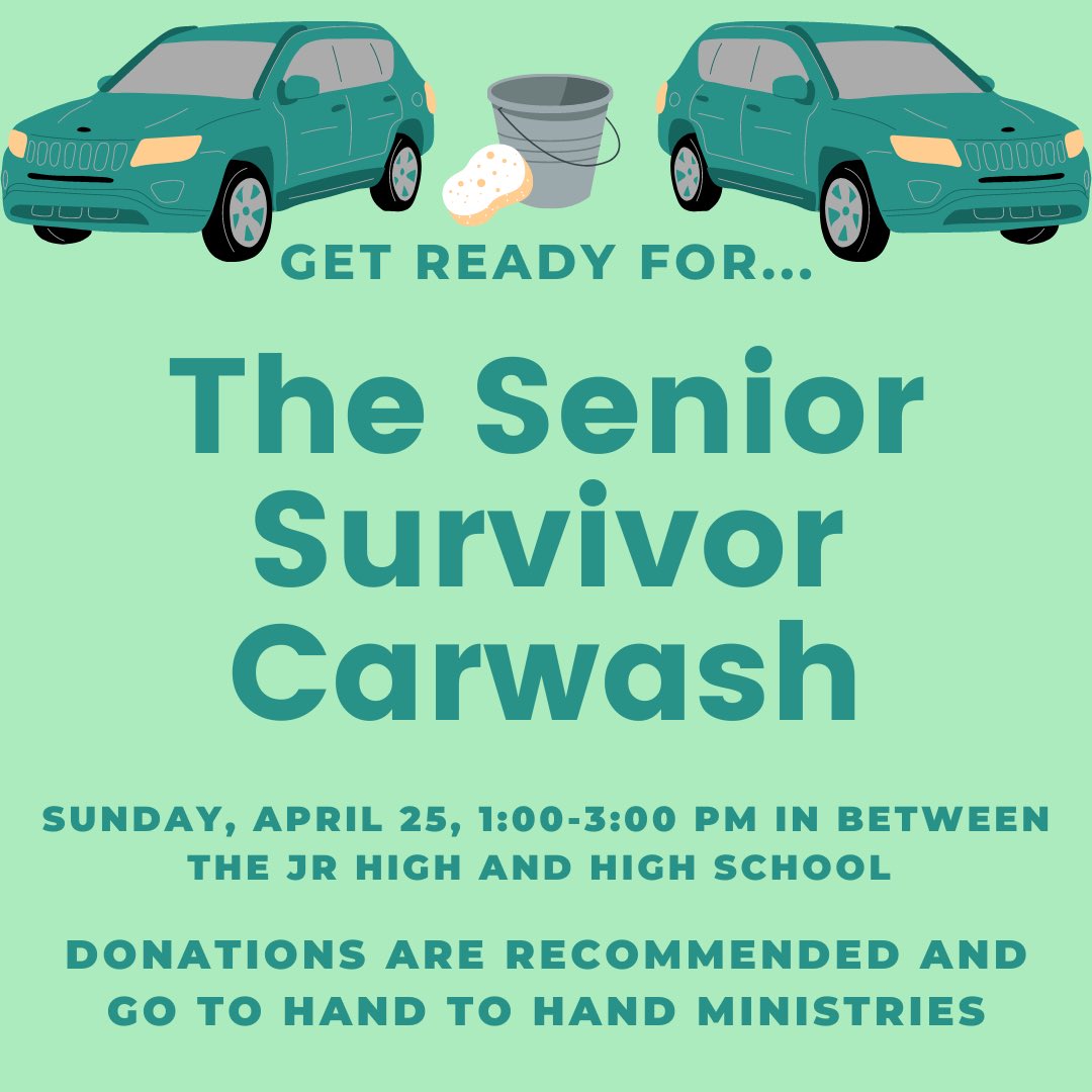 JHS Senior Survivors are doing an amazing job raising money for Hand2Hand to help feed hungry children in our community! Support their efforts by getting your car washed this coming Sunday afternoon between the junior and senior high buildings between 1:00-3:00 pm!