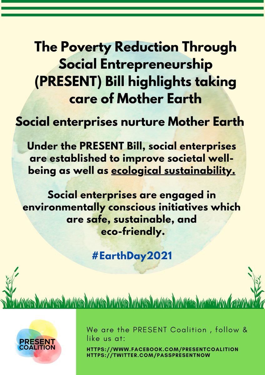 passpresentnow's tweet photo. The Poverty Reduction Through Social Entrepreneurship (PRESENT) Bill highlights taking care of Mother Earth
#EarthDay2021 #InternationalMotherEarthDay #SDG2030 #PRESENTBill #Socialenterprises https://t.co/22cmheP4GF