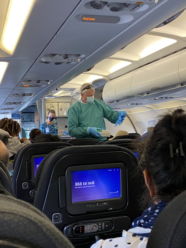 Before disembarking, passengers’ gloves & masks used during the flight are collected & disposed of. Everyone’s hands are sanitised, new masks and gloves are distributed before they’re let off the aircraft - these must be worn until reaching MIQ accommodation 