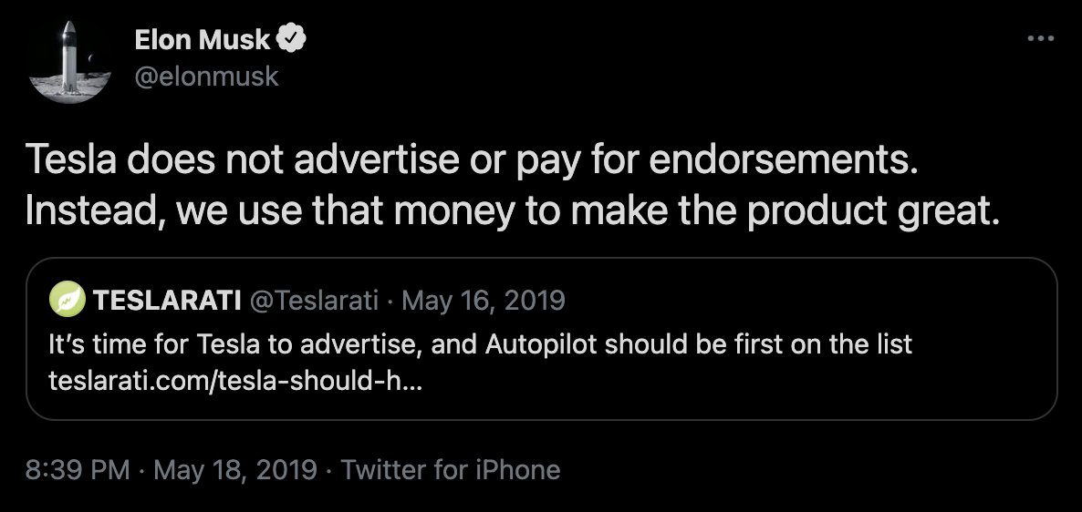 First, why doesn't Tesla advertise? @elonmusk rather put that money towards creating a stellar product.And he does.Then his marketing tactics kick things up a notch.Here's his take: