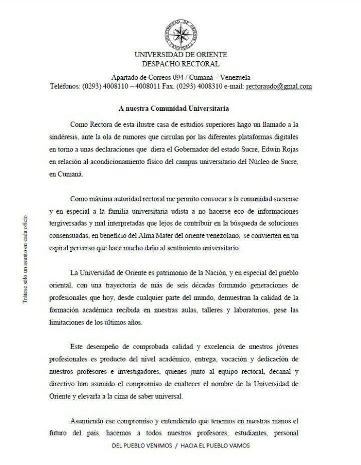 ariana_agreda's tweet photo. #21Abril | Pronunciamiento de la Rectora de la Universidad de Oriente, Milena Bravo, tras la asignación de un "protector" a esta casa de estudios superior.
#UDOResiste #UDO #cumanamazı https://t.co/wBQWEMFjTe