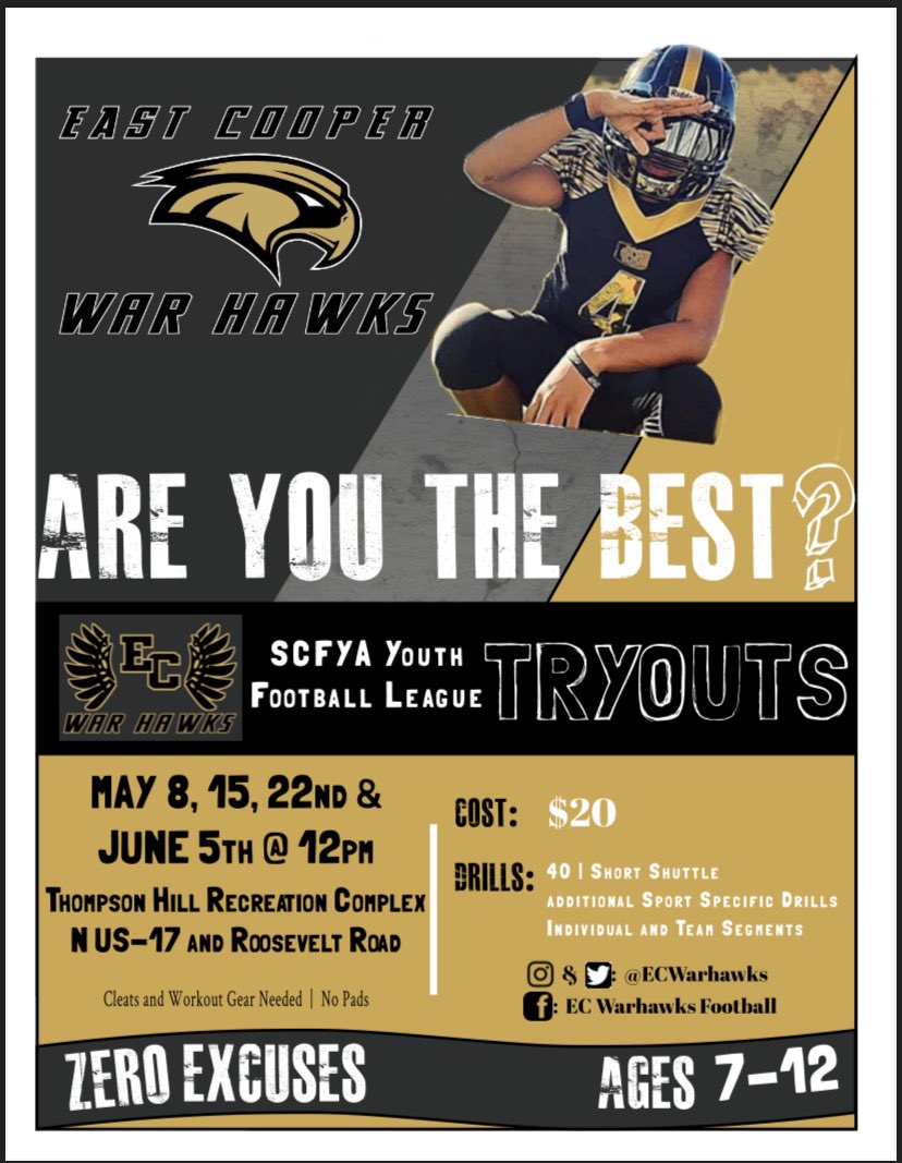 ECWarhawks's tweet photo. 🚨SCFYA Youth Football League Tryouts🚨

Come see what East Cooper War Hawk football is all about https://t.co/ZcMKmUErkX