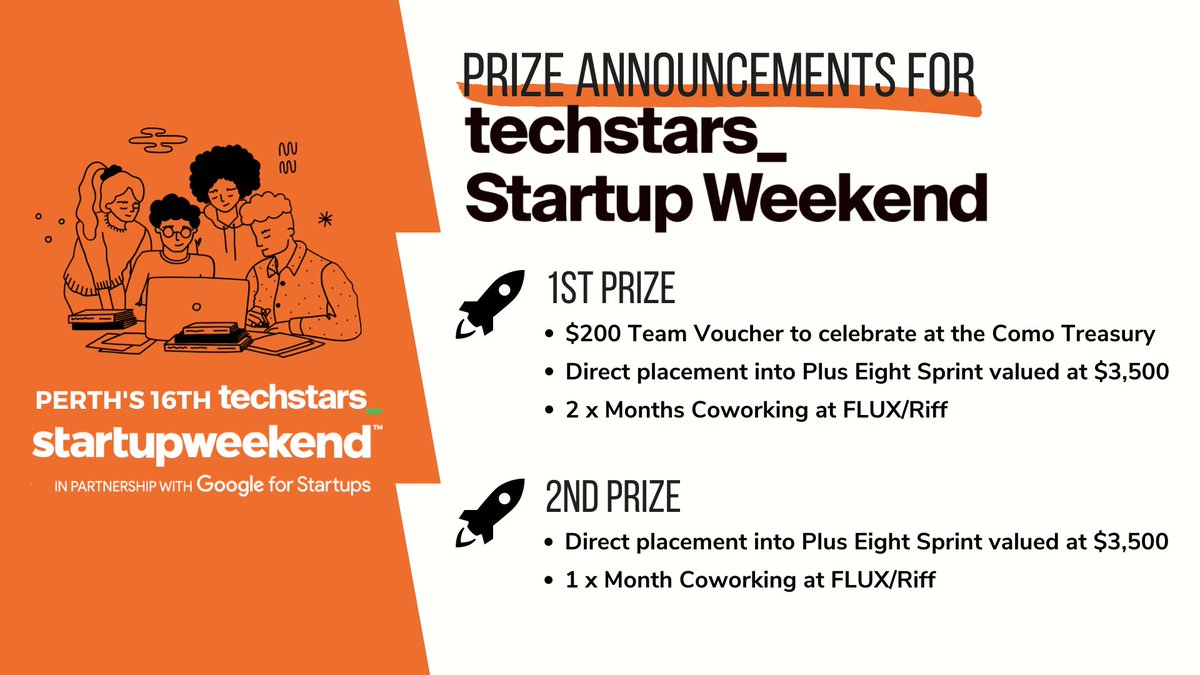 The winners of <a href="/StartupWeekend/">Techstars Startup Weekend</a> #Perth will take home some incredible prizes, including access to <a href="/PlusEightAU/">Plus Eight, powered by Spacecubed</a> Sprint (valued at $3,500), a bar voucher to Como Treasury &amp; #coworking access at <a href="/space3ed/">Spacecubed</a>. 

Make sure you get involved! Tickets here: events.humanitix.com/16th-startup-w…