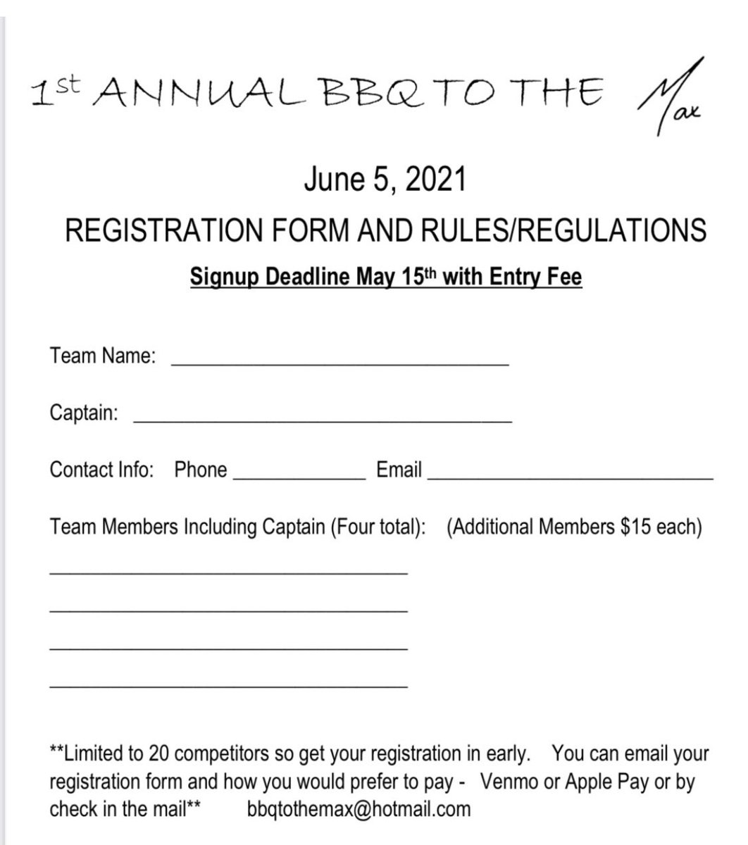 lisa12344973's tweet photo. Halfway full for competitors already.    Get tour entries in!!    Contact Mike or Randy for more information or email bbqtothemax@hotmail.com https://t.co/4QiVo7bMjK