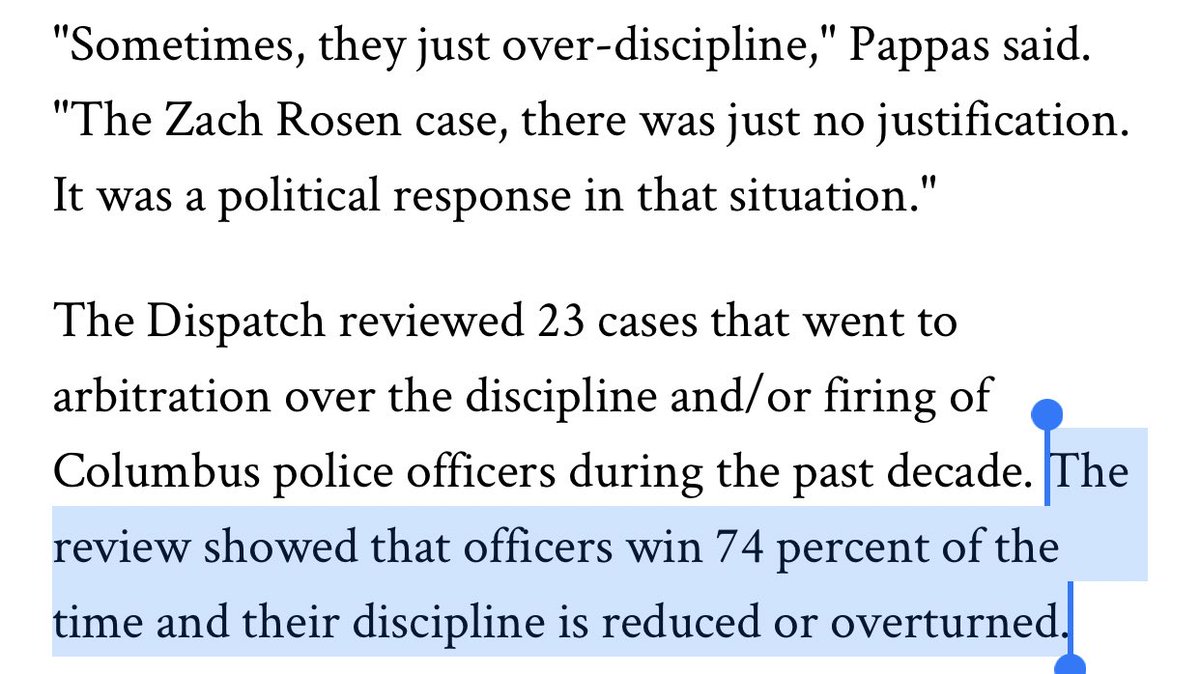 Of course these arbitrators find cases where other officers weren’t disciplined for similar issues - most officers are not disciplined at all. So in 74% of cases where officers appeal discipline, the arbitrator reinstates them/overturns the discipline.  https://www.dispatch.com/news/20180603/fired-police-officers-often-have-edge-in-arbitration-cases