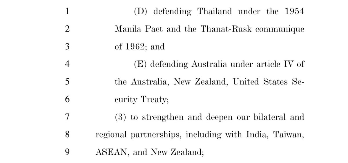 I like this affirmation of US treaty defense commitments, but am a bit curious as to why Japan is first and Australia is last. Also, interesting that New Zealand gets relegated to “regional partnership” along with India, Taiwan, and ASEAN.