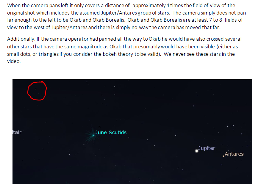 Point 5: The camera operator does not pan far enough for the secondary triangles to be Okab. Okab is about 6 times the field of view of the camera when viewing Jupiter Antares. Camera pans at most 3.5 times FOV. No stars are visible during the pan, but should be seen.