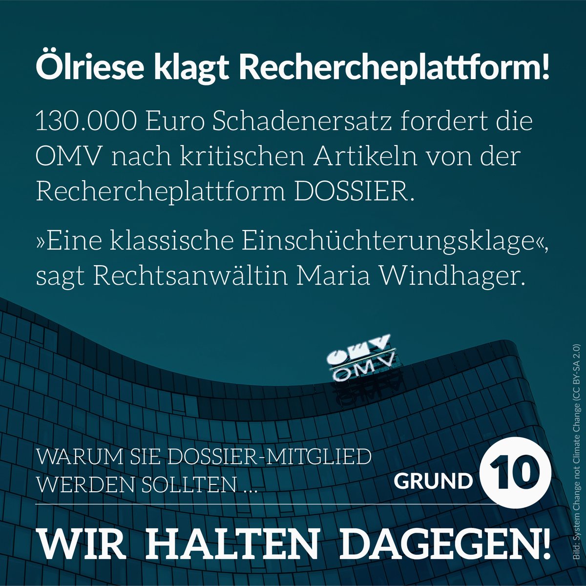 Die <a href="/omv/">OMV Group</a> klagt DOSSIER nach kritischen Berichten. Der Ölriese fordert 130.000 Euro (!) Schadenersatz. Anwältin <a href="/MariaWindhager/">Maria Windhager</a> nennt es „eine klassische Einschüchterungsklage“. Wir halten dagegen! Alle Infos: crowdfunding.dossier.at/geschichten/kl…