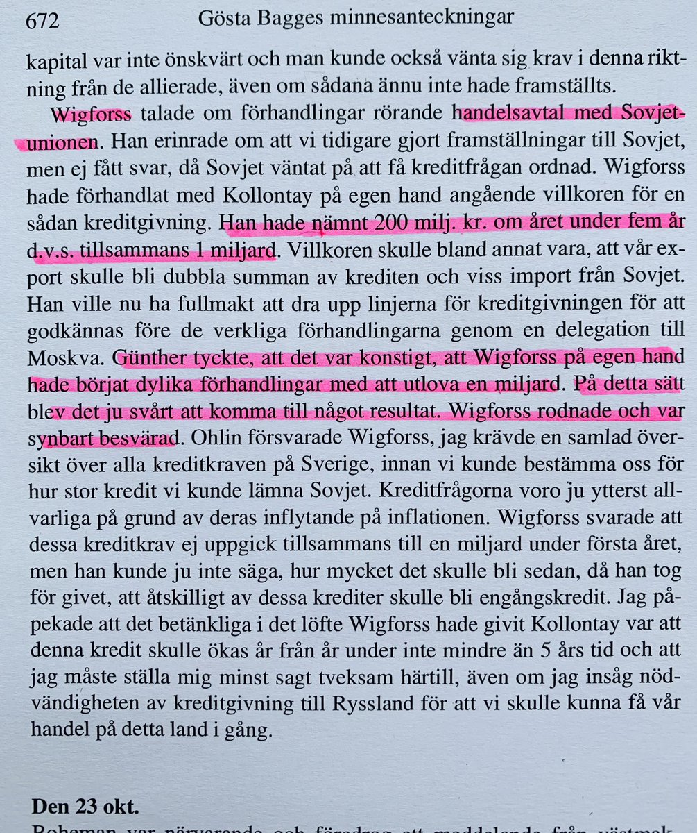 Så går ytterligare 10 år. Hösten 1944 diskuteras ett nytt kreditavtal, och det är ånyo Wigforss och Kollontaj som förhandlar. Men denna gång rör det sig inte om 100 miljoner till Sovjet. Istället uppgår Sveriges tänkta rysskredit till enorma 1000 miljoner.