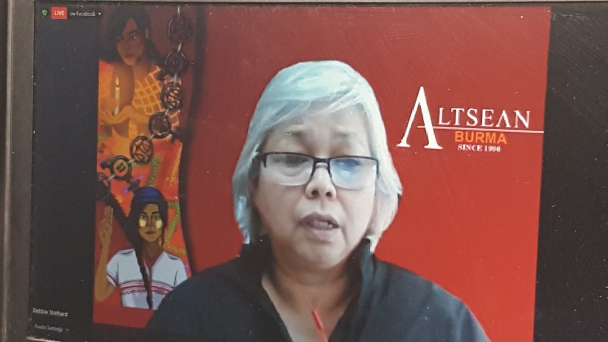  @Altsean  @DebbieStot says  @Asean has been "sitting on their hands" as members' slowness to act has given  #myanmar  #military a wrong message of impunity for their violence. Says time region wake up to address crisis. Adds bloc must include  @NUGMyanmar  #WhatsHappeningInMyanmar