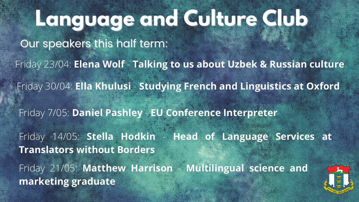 Here are all of the speakers that we look forward to welcoming this half term! Join us in ML1 this Friday at 12:40 to hear about Elena, and how languages have shaped her life!
<a href="/Hymers_College/">Hymers College</a> <a href="/Hymers_MFL/">Hymers College MFL</a>